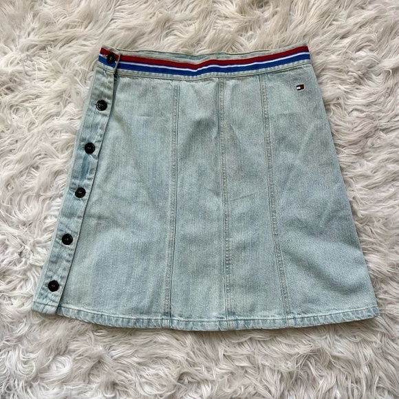 Tommy Hilfiger Dresses & Skirts - Tommy Hilfiger Light Denim Button Up Skirt Colorful Band Early 2000s size 6